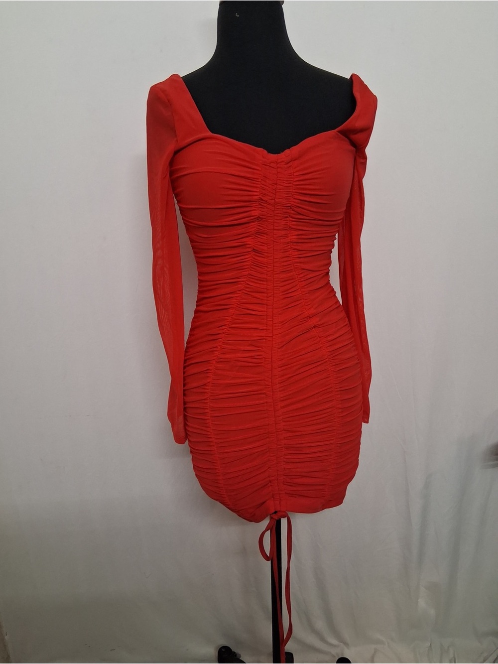 SHEIN Red Ruched Long-Sleeve Bodycon Dress